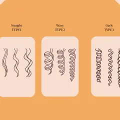 Illustration visar olika hårtyper: rakt (typ 1), vågigt (typ 2) och lockigt (typ 3).