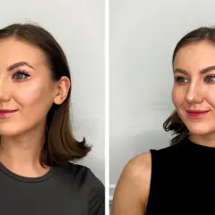 Två porträtt av en kvinna med douyin makeup. Hon har markerade ögonbryn, eyeliner och röda läppar.