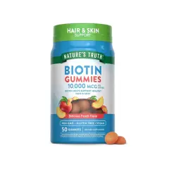 Nature's Truth Biotin Gummies, 10,000 mcg per serving, för hår och hud. Hjälper mot biotin håravfall. Smak av persika. 50 gummies.