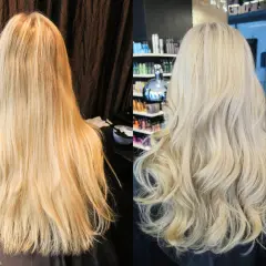 Före och efterbild på hår som fått bort gula toner. Från varmt blont till kallare, glansigare blont.