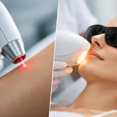 Närbild på arm som behandlas med ipl eller laser, samt en kvinna som får ansiktsbehandling med laser.
