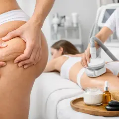 En kvinna får lipomassage på rumpan och låren. En terapeut använder en apparat för att behandla celluliter.