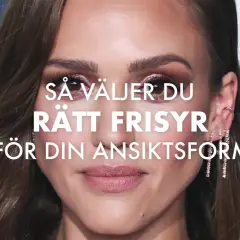 En kvinna med mörkt hår och smink. Texten lyder: "Så väljer du rätt frisyr för din ansiktsform.