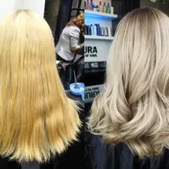 Före och efterbild på en hårförvandling. Det gula håret har fått en mjuk och fin ombre med blonda toner.