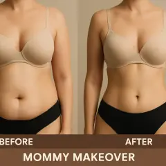 Före- och efterbilder av en mommy makeover. Bilden visar en kropp före och efter ingreppet, med texten "MOMMY MAKEOVER" och "RISKER" synlig.