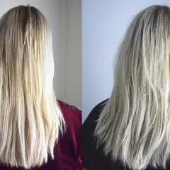 Två bilder av blont hår. Till vänster syns torrt, lite stripigt hår. Till höger, efter användning av silverschampo, ser håret fylligare och glansigare ut.