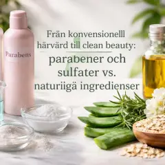 Två flaskor, en märkt "Parabens", bredvid skålar med pulver och oljor. Bilden kontrasterar parabener och sulfater mot naturliga ingredienser för schampo.