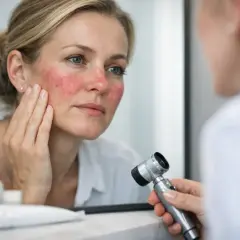 Kvinna med rodnad i ansiktet undersöker sin hud, redo för rosacea behandling.