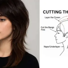 En kvinna med mörkt, uppklippt hår som visar en wolf cut. Bredvid finns en illustration som visar hur man klipper en wolf cut.