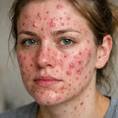 Ansikte med rodnad och utslag runt munnen, ett tydligt tecken på perioral dermatit.