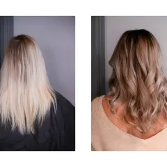Före och efter hårfärgning. Från blont med mörka **svarta hårstrån i blont hår** till en varmare, glansigare nyans.