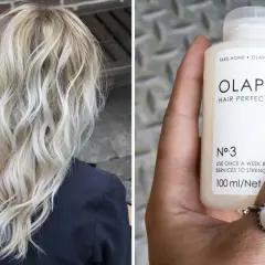 Split image: Left shows blonde wavy hair. Right shows a hand holding an Olaplex Hair Perfector No. 3 bottle.