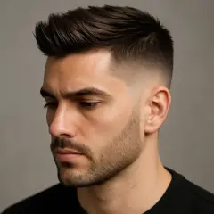 Man med snygg taper fade frisyr, mörkt hår upptill, kortklippt vid sidorna och nacken.