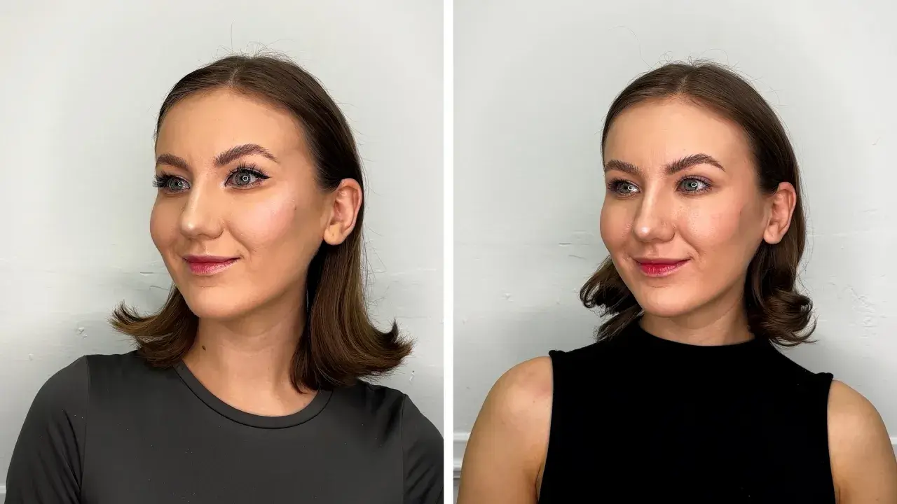 Två porträtt av en kvinna med douyin makeup. Hon har markerade ögonbryn, eyeliner och röda läppar.