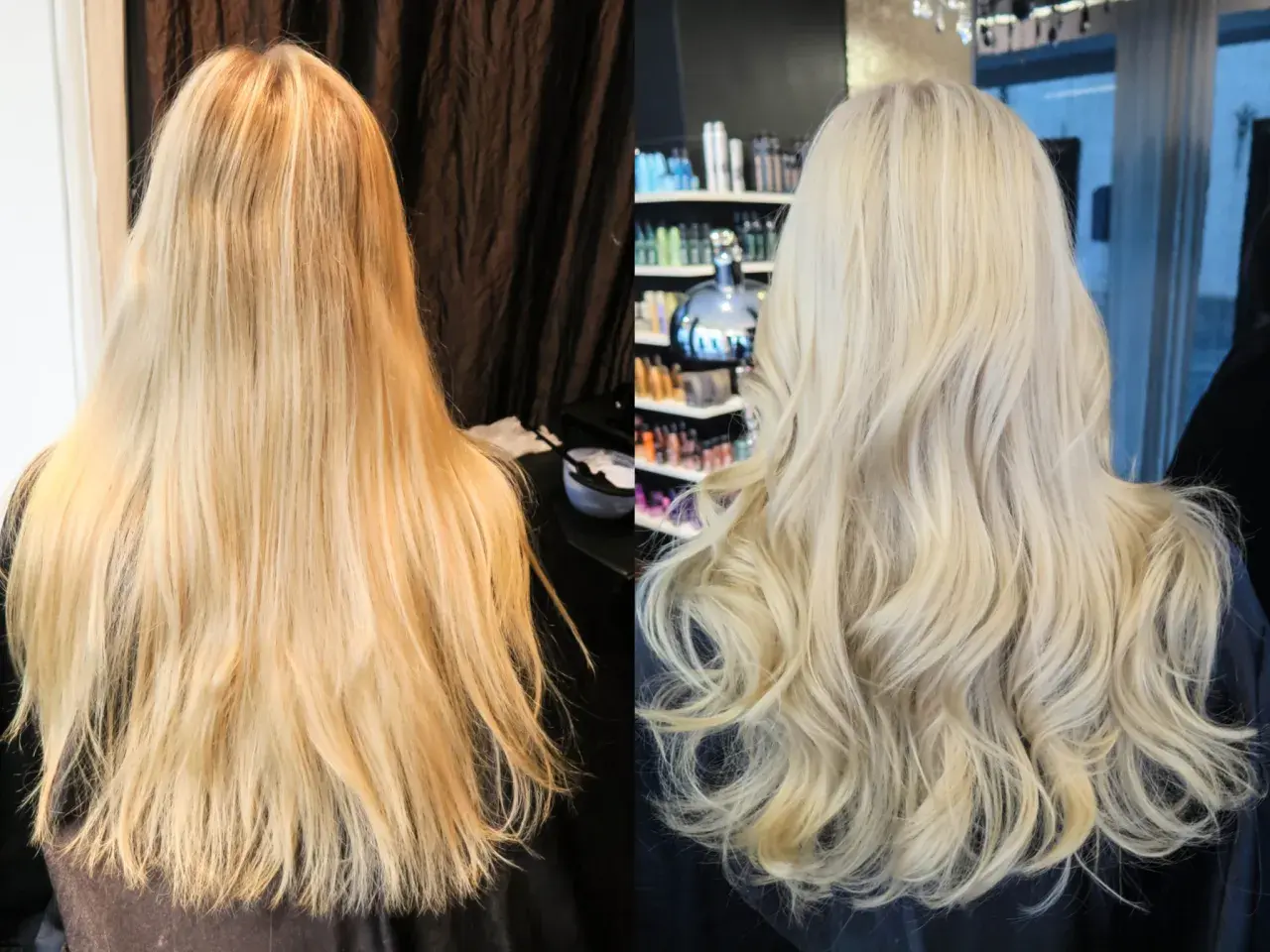 Före och efterbild på hår som fått bort gula toner. Från varmt blont till kallare, glansigare blont.