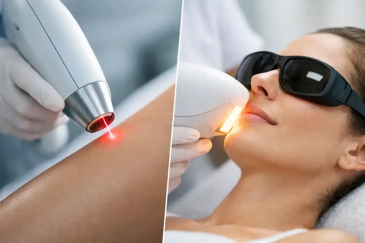 Närbild på arm som behandlas med ipl eller laser, samt en kvinna som får ansiktsbehandling med laser.
