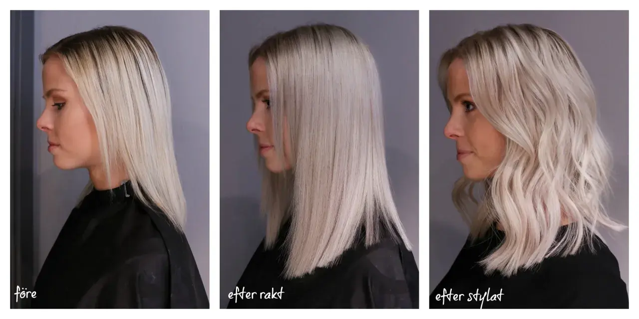 Före, efter rakt och efter stylat hår. Se hur man får tjockare hår med styling.