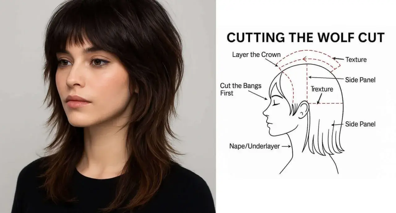 En kvinna med mörkt, uppklippt hår som visar en wolf cut. Bredvid finns en illustration som visar hur man klipper en wolf cut.