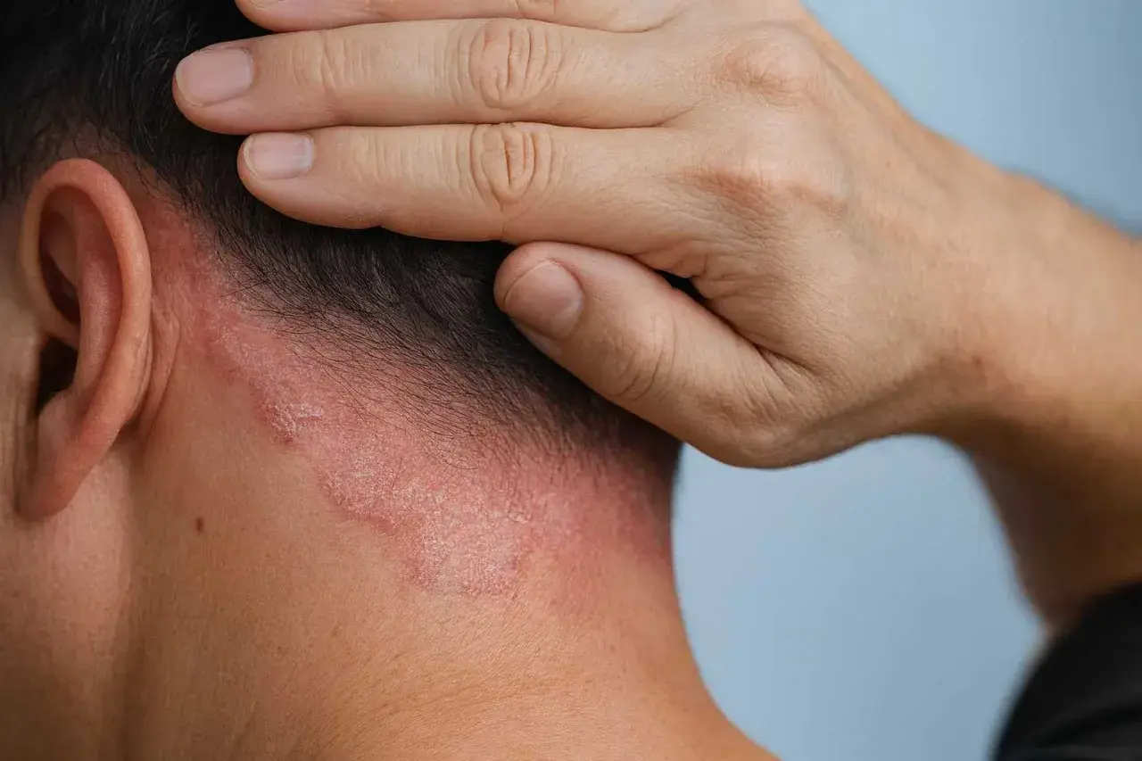 Nära bild på en person som kliar sig i hårbotten där det syns röda, fjällande utslag som kan vara svamp eller psoriasis.