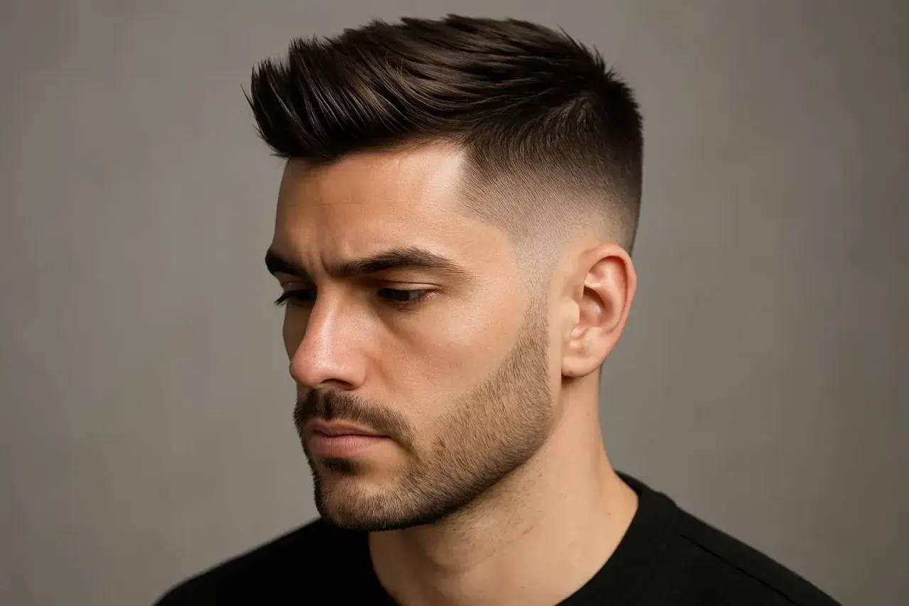 Man med snygg taper fade frisyr, mörkt hår upptill, kortklippt vid sidorna och nacken.