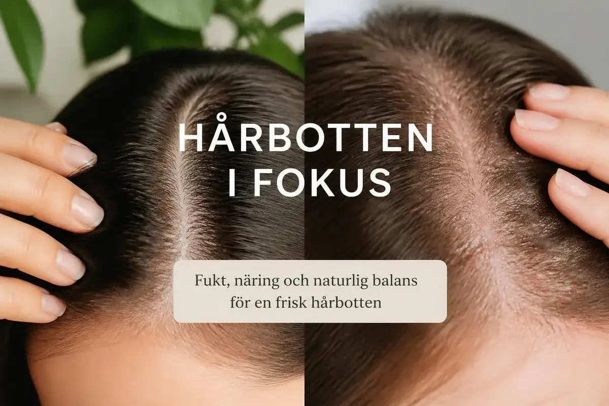 Två närbilder av hårbotten, en mörk och en ljus, med texten