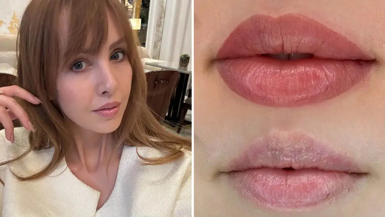 Kvinnans ansikte och en närbild på läppar före och efter lip blush-behandling.
