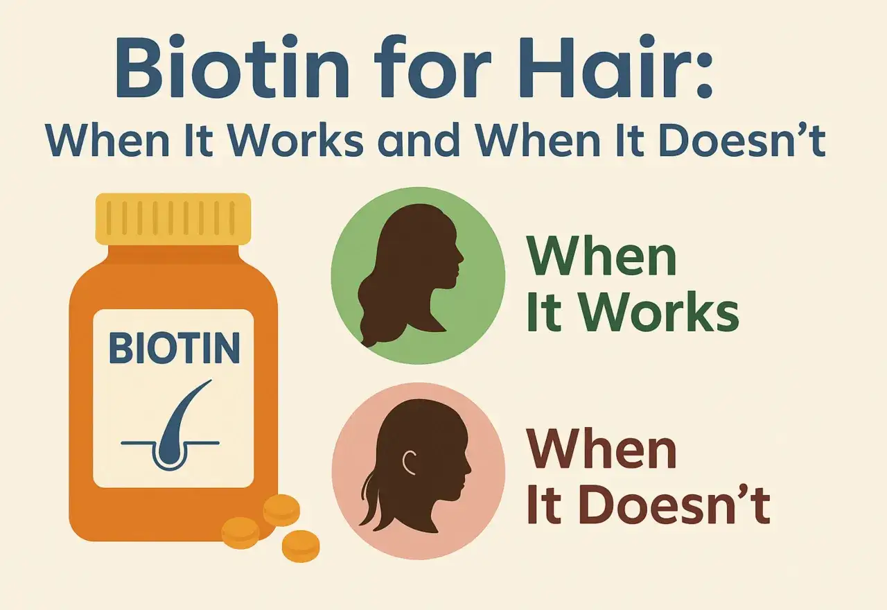 Biotin-flaska med piller. Illustration visar när biotin fungerar för håret (friskt hår) och när det inte gör det (tunt hår), vid biotin brist.