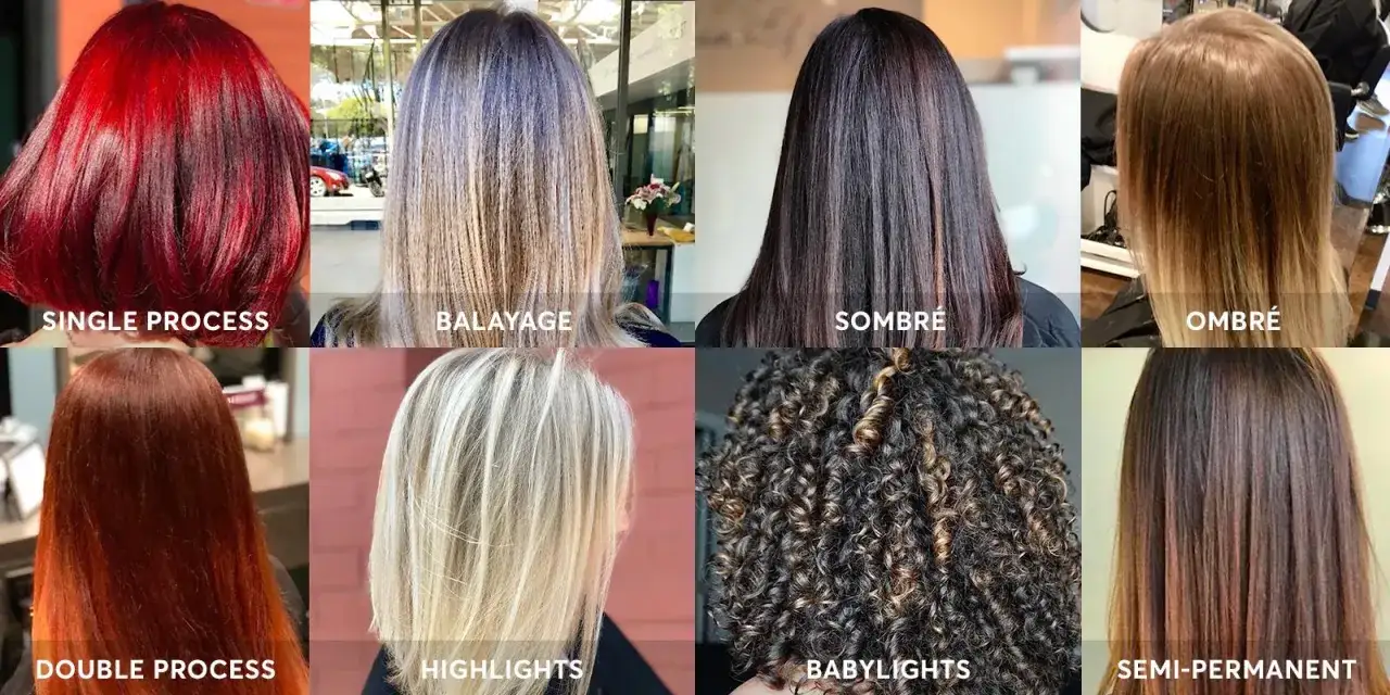 Olika hårfärgningsmetoder visas: single process, balayage, sombré, ombré, double process, highlights, babylights och semi-permanent. Många av dessa tekniker skapar en fin slingat hår-effekt.
