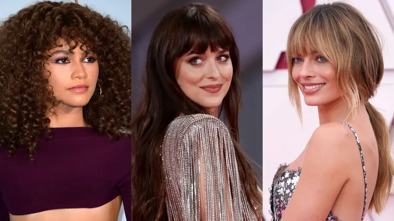 Tre kändisar visar upp olika frisyrer med lugg: Zendaya med lockigt hår, Dakota Johnson med mörkt hår och Margot Robbie med blont hår i hästsvans.