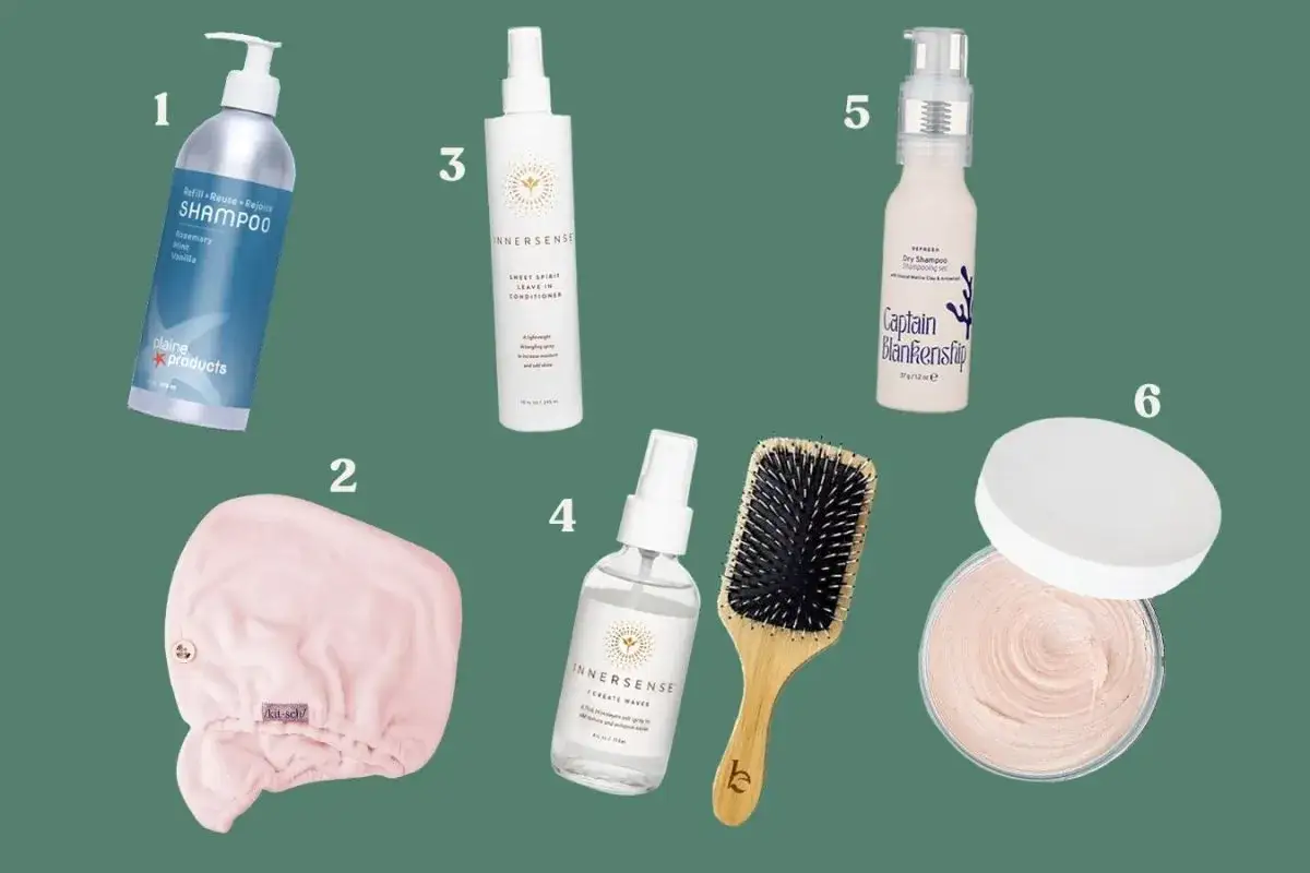 Produkter för mjukt hår: schampo, hårturban, leave-in conditioner, saltvattenspray, torrschampo och en kräm.